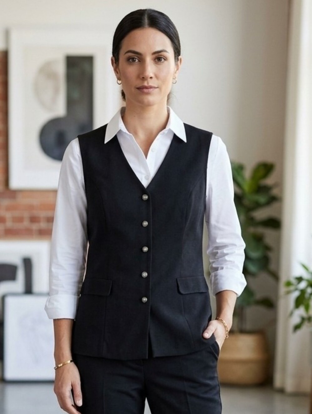 Vintage Y2K Black Tailored Button-Front Vest Minimalist Preppy Dark Academia L